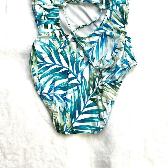 Time and Tru Women's Flower Frenzy One Piece Swimsuit Tropical Leaf Pattern Whit - Picture 9 of 13